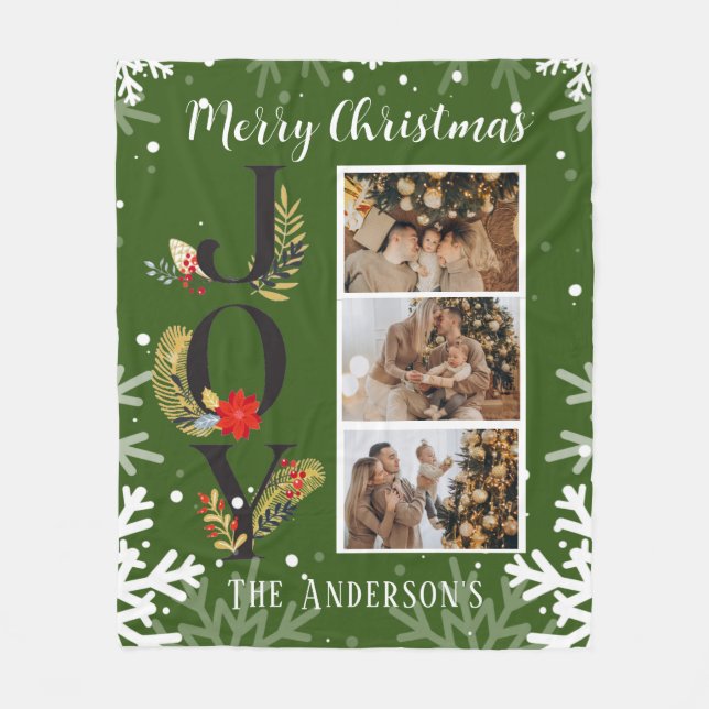 Couverture Polaire Christmas Green 3 Photo Collage Joy Fleece Blanket (Devant)
