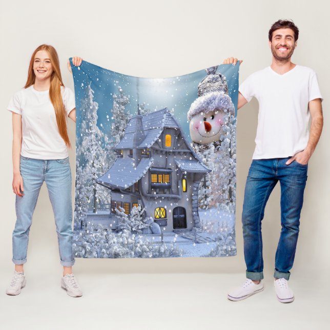 Couverture Polaire Christmas Party Winter White Snowman Blue Rustic (En situation)