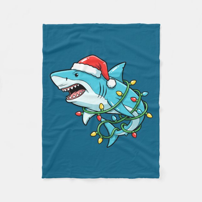 Couverture Polaire Christmas Shark Santa Hat Wrapped In Lights Funny  (Devant)