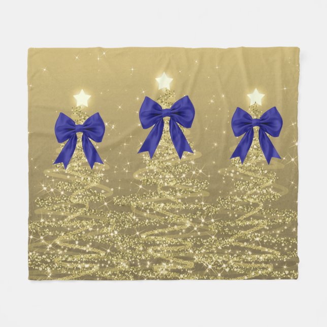 Couverture Polaire Christmas Sparkling Trees Gold Faux Navy Bow  (Devant (Horizontal))