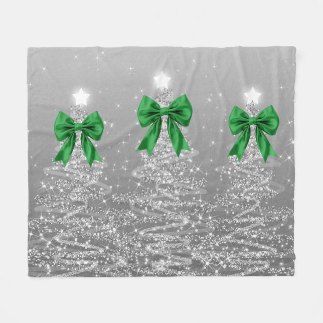 Couverture Polaire Christmas Sparkling Trees Silver Faux Green Bow  (Devant (Horizontal))