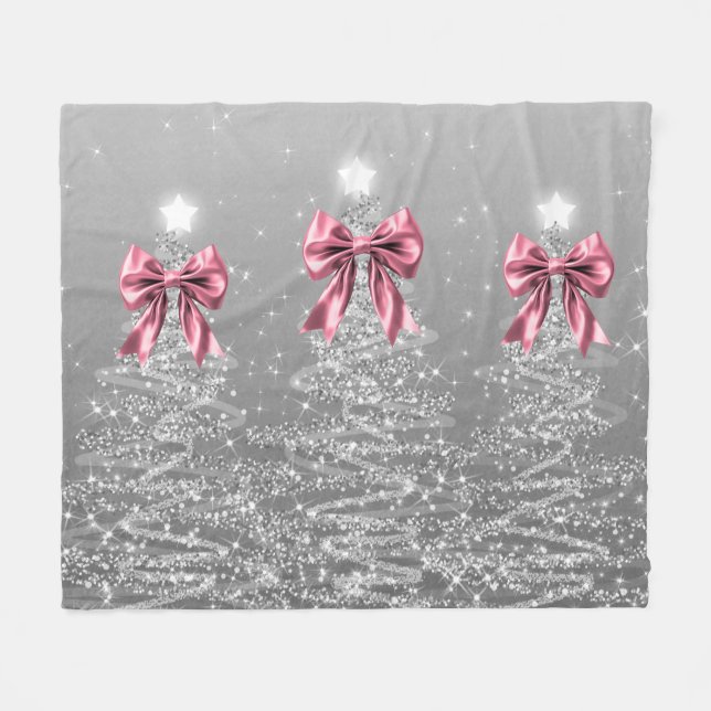 Couverture Polaire Christmas Sparkling Trees Silver Faux Pink Bow  (Devant (Horizontal))