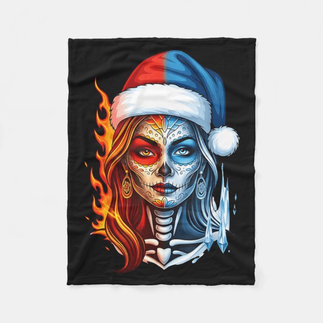 Couverture Polaire Christmas Sugar Skull Art Woman Santa Hat Fantasy  (Devant)