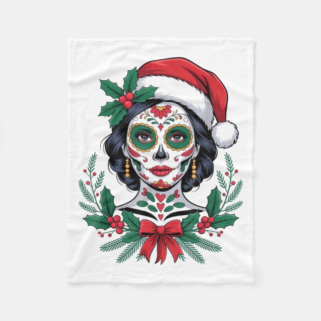 Couverture Polaire Christmas Sugar Skull Art Woman Santa Hat Festive  (Devant)