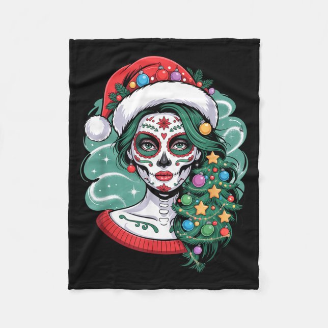 Couverture Polaire Christmas Sugar Skull Art Woman Santa Hat Festive  (Devant)