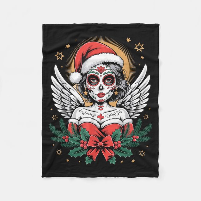 Couverture Polaire Christmas Sugar Skull Art Woman Santa Hat Festive  (Devant)