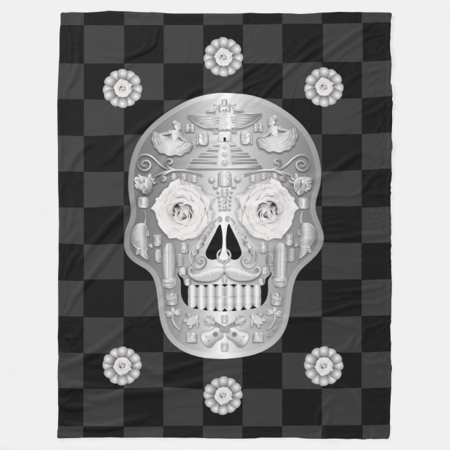 Couverture Polaire Chrome Calavera (Rose blanche) Blanche polaire (Devant)