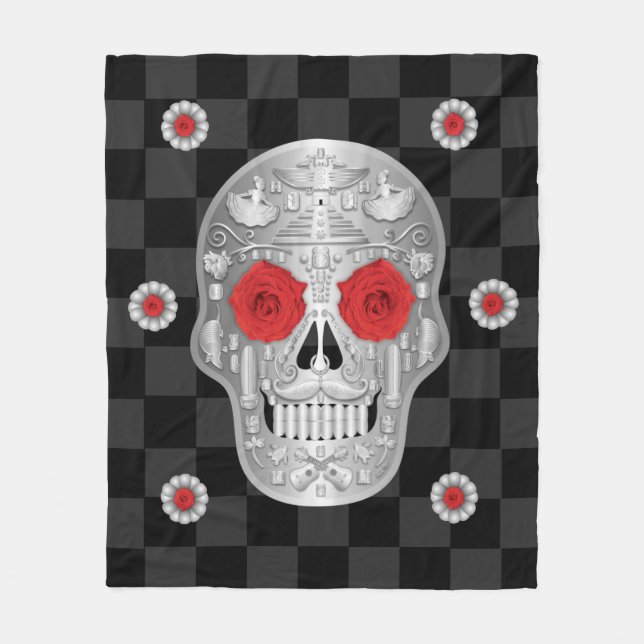 Couverture Polaire Chrome Calavera (Rose rouge) Blanche polaire (Devant)