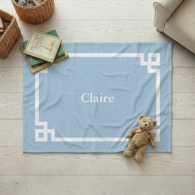 Couverture Polaire Ciel Bleu et Clé Grecque Monogramme Blanc (Créateur téléchargé)
