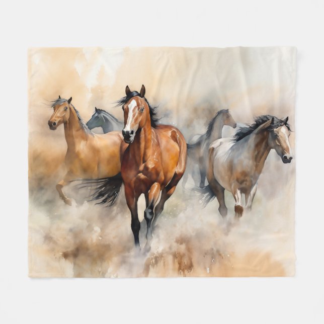 Couverture Polaire « Cinq mustangs sauvages » Aquarelle occidentale p (Devant (Horizontal))