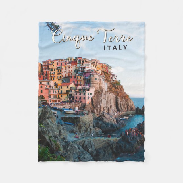 Couverture Polaire Cinque Terre Italie Aquarelle Vintage (Devant)