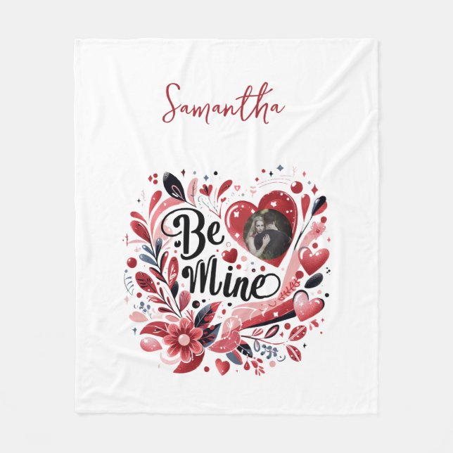 Couverture Polaire Citation romantique "Be Mine" Photo Coeur Rouge Bo (Devant)