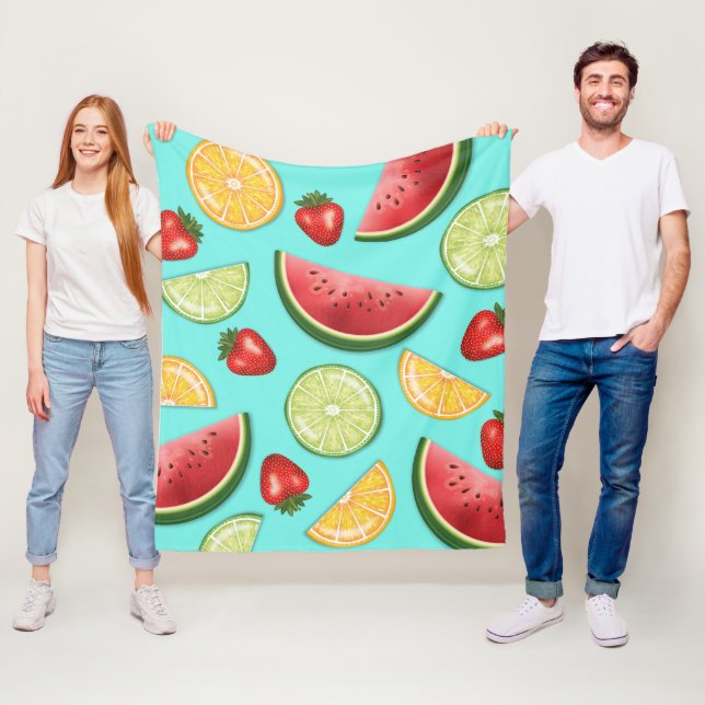 Couverture Polaire Citron Melon Fraise Fruits Sur Fond Bleu Clair (En situation)