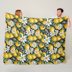 Couverture Polaire Citrons jaunes frais avec abeilles affairées et fl