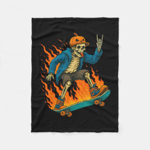 Couverture Polaire Citrouille de flamme de skateboard de squelette d'