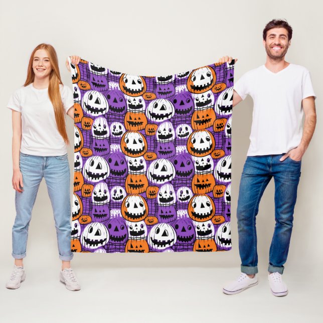 Couverture Polaire Citrouille d'Halloween - Violet, Orange, Blanc (En situation)