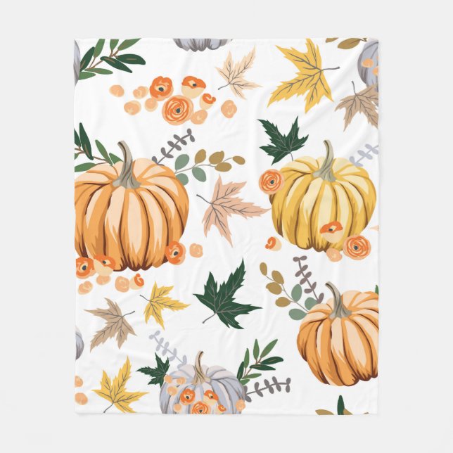 Couverture Polaire Citrouille orange d'automne et fleurs motif (Devant)