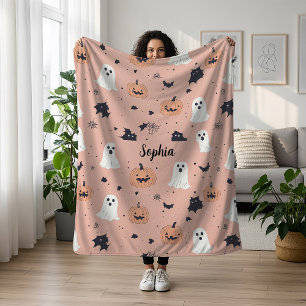 Couverture Polaire Citrouille rose Chat Fantôme Nom personnalisé Hall