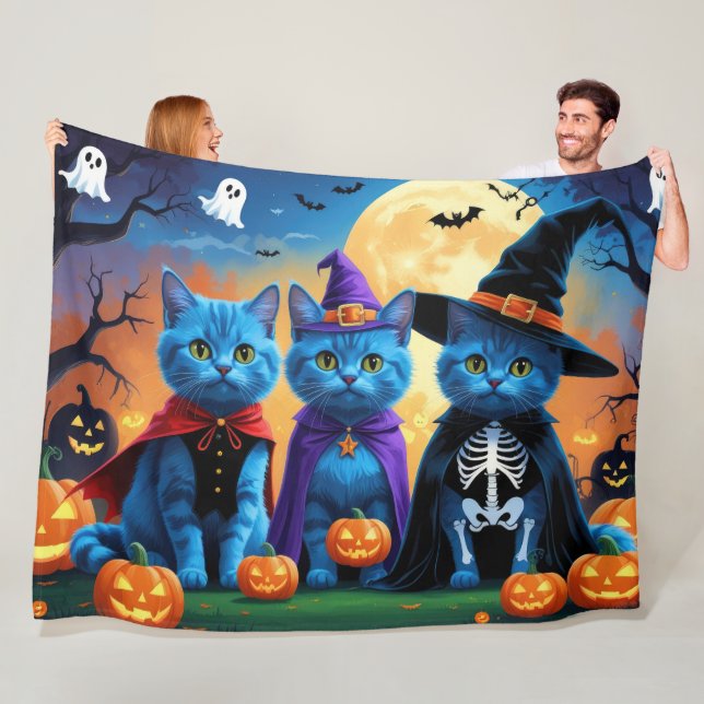 Couverture Polaire Citrouille russe Blue Cats Halloween drôle (En situation)