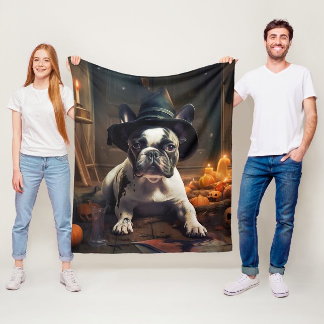 Couverture Polaire Citrouilles d'Halloween effrayantes de Bouledogue  (En situation)