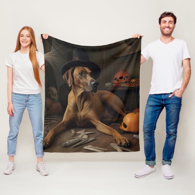 Couverture Polaire Citrouilles Éfrayantes Halloween Rhodesian Ridgeba (En situation)