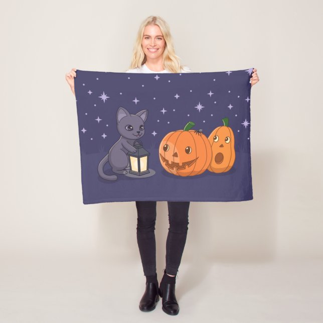 Couverture Polaire Citrouilles Lanterne Chat Noir Halloween Violet (En situation)