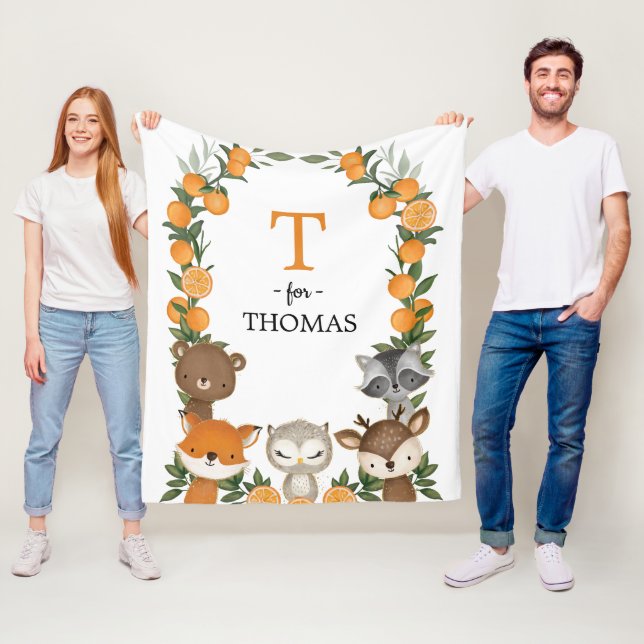 Couverture Polaire Citrus Orange Bois Végétaux Animaux Monogramme (En situation)