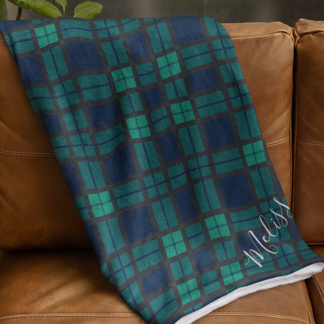 Couverture Polaire Clan Plaid personnalisé Black Watch Tartan (Rustic Plaid Blackwatch Tartan Monogram Fleece Blanket)