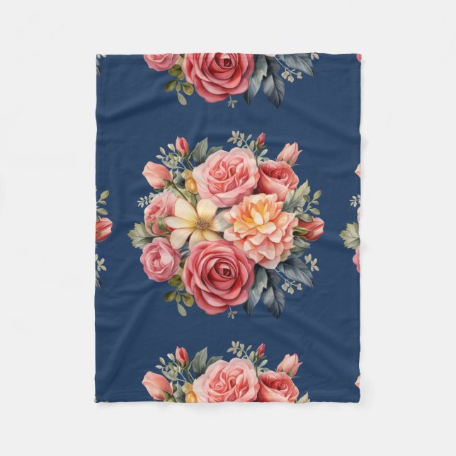Couverture Polaire Classic Pink Roses Floral on a Blue Background (Devant)