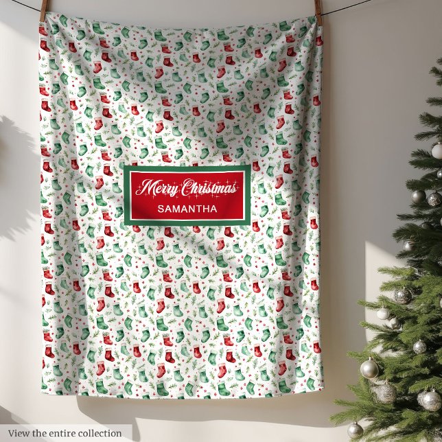 Couverture Polaire Classic rouge vert Noël stocking nom personnalisé (Classic red green Christmas stocking custom name Fleece Blanket )