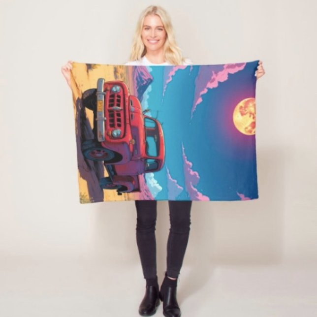 Couverture Polaire Classique camionnette américaine  (Retro Red Pickup Truck Desert Moon blanket - soft and colourful available  in 3 different sizes. 

)