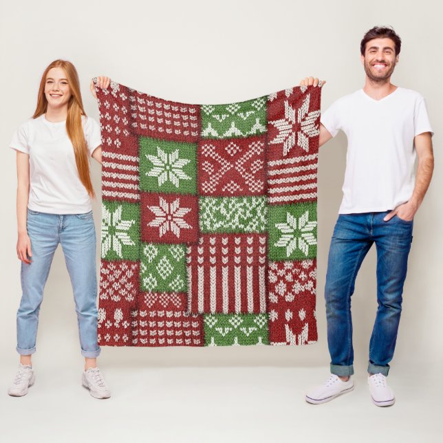 Couverture Polaire Classique tricot patchwork de Noël -Rouge, Vert (En situation)