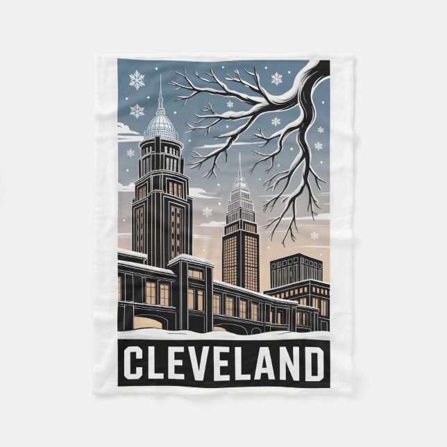 Couverture Polaire Cleveland Ohio Skyline Winter Woodcut Black&White (Devant)