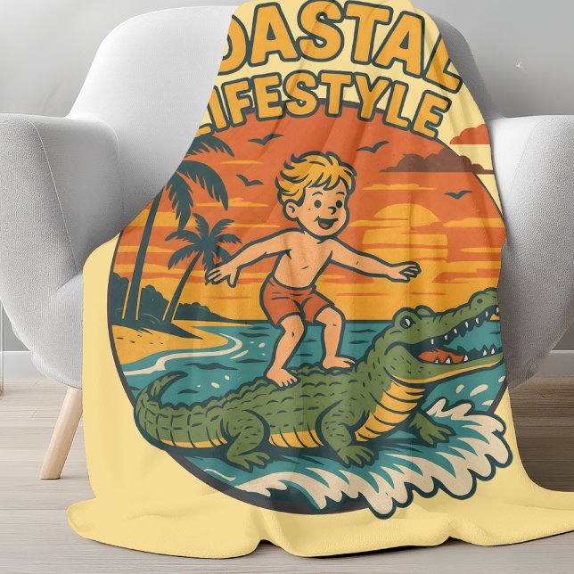 Couverture Polaire Coastal Gator Alligator Surfing | Retro Surf Beach (Créateur téléchargé)