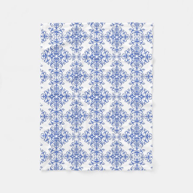Couverture Polaire Cobalt bleu et blanc Floral Damask Style Motif (Devant)
