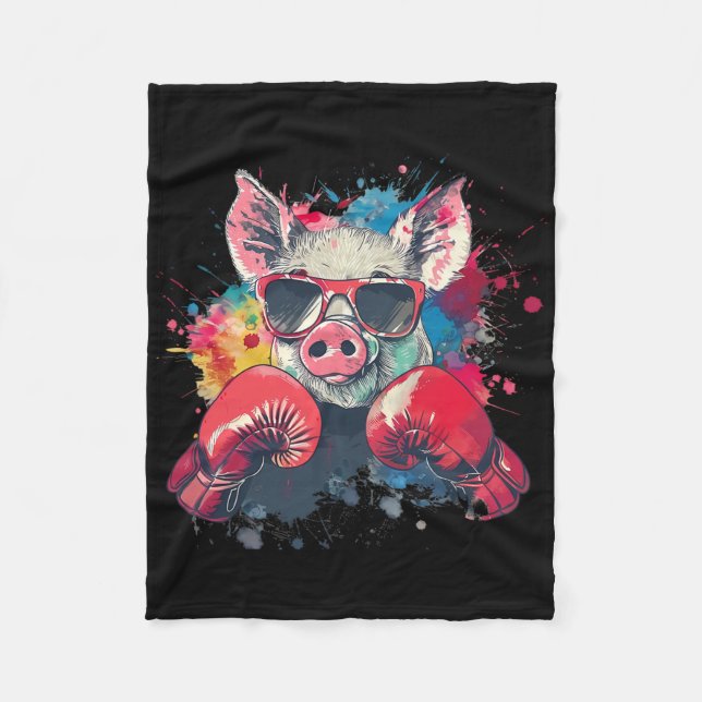 Couverture Polaire Cochon Boxeur Avec Gants De Boxe Kickboxing Drôle  (Devant)