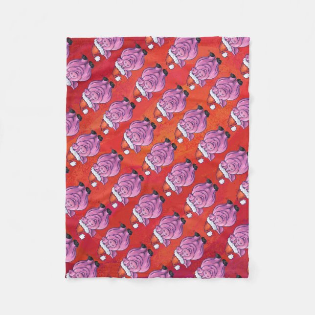 Couverture Polaire Cochon mignon à Santa Hat sur rouge (Devant)