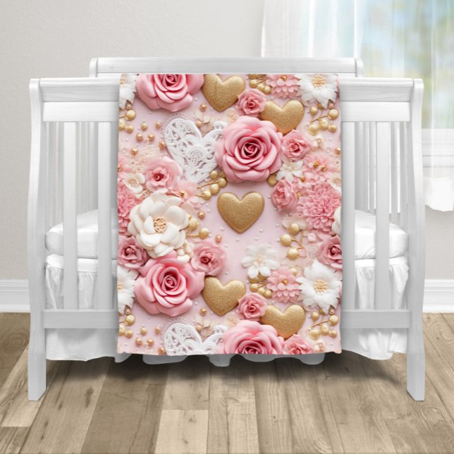 Couverture Polaire Cœur floral or rose (Sweet gold hearts and roses baby blanket. You can add text and a color to the backside.)