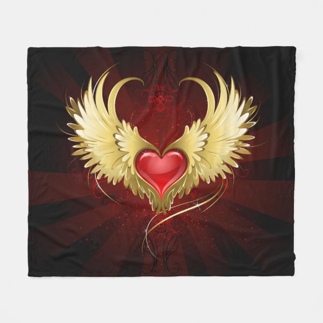 Couverture Polaire Coeur rouge avec ailes d'or (Devant (Horizontal))