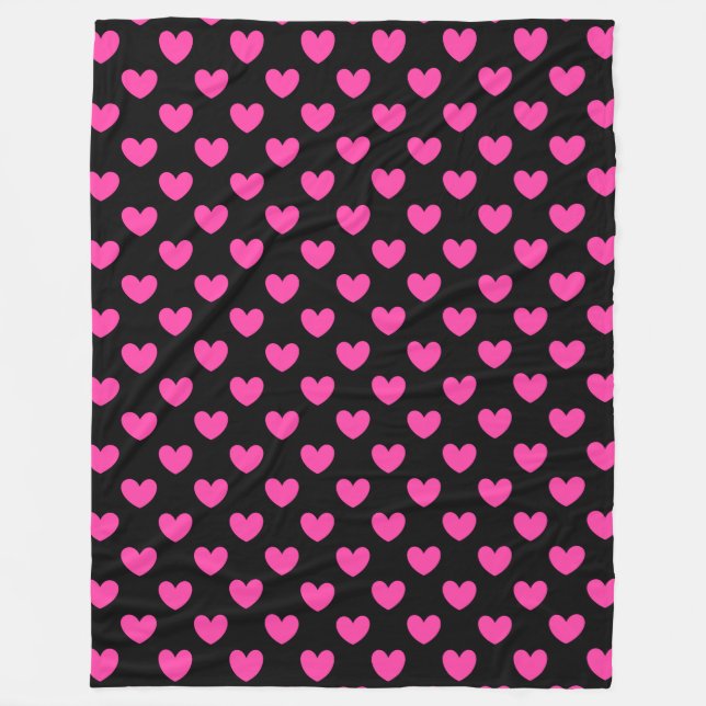 Couverture Polaire Cœurs à pois rose fuchsia sur fond noir (Devant)