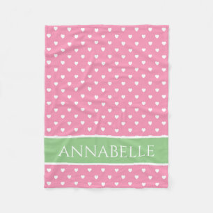 Couverture Polaire Coeurs blancs sur rose avec vert personnalisé