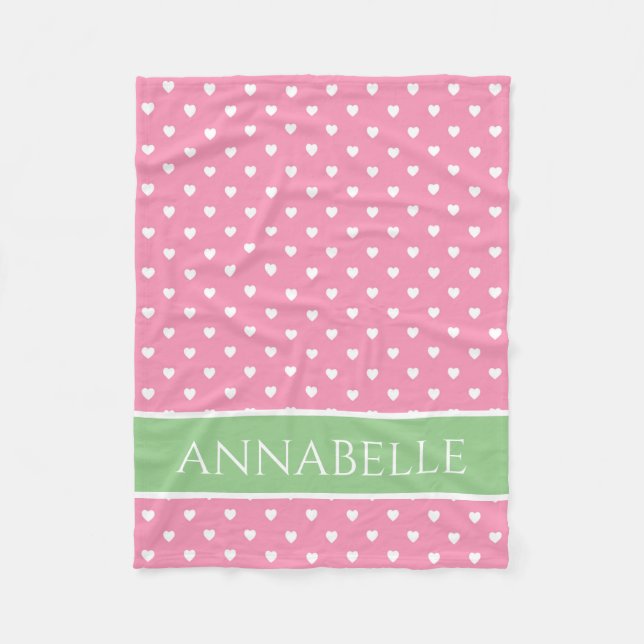 Couverture Polaire Coeurs blancs sur rose avec vert personnalisé (Devant)