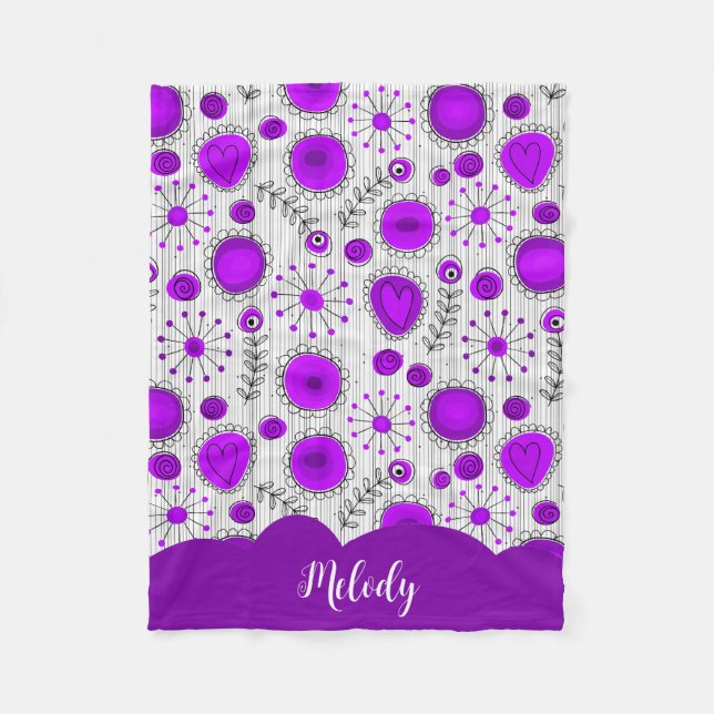 Couverture Polaire Coeurs blancs violet blanc Whimsical fleurs nom fl (Devant)