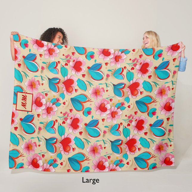 Couverture Polaire Coeurs coquette, et crème de fleurs monogramme (Créateur téléchargé)