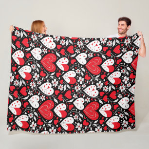 Couverture Polaire Coeurs et fleurs rouges, noirs et blancs Romantiqu