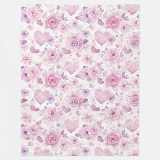 Couverture Polaire Cœurs Fleurs Anniversaire Rose Violet (Devant)