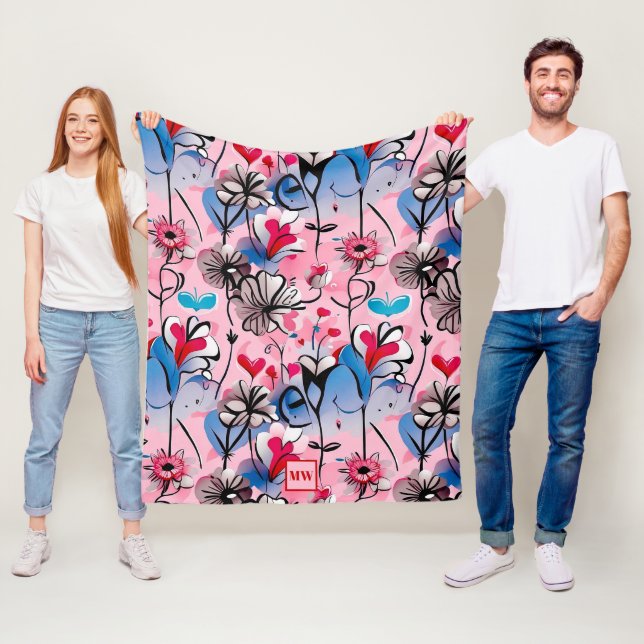 Couverture Polaire Coeurs floraux, vibrants et monogramme de fleurs (En situation)