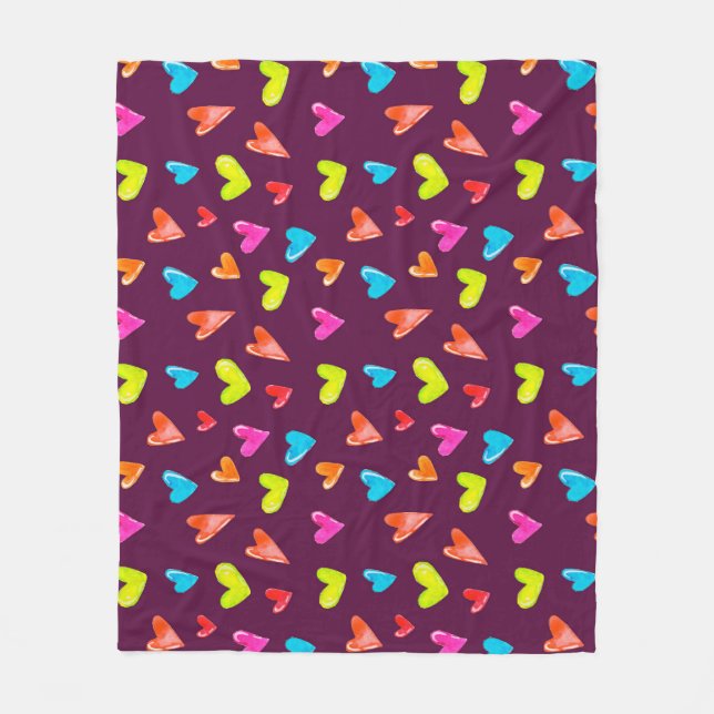 Couverture Polaire Coeurs multicolores : Aquarelle Motif violet. (Devant)