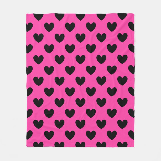 Couverture Polaire Coeurs polka noirs sur rose fuchsia (Devant)