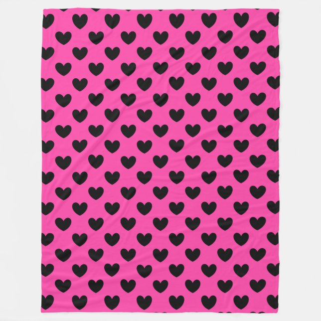 Couverture Polaire Coeurs polka noirs sur rose fuchsia (Devant)